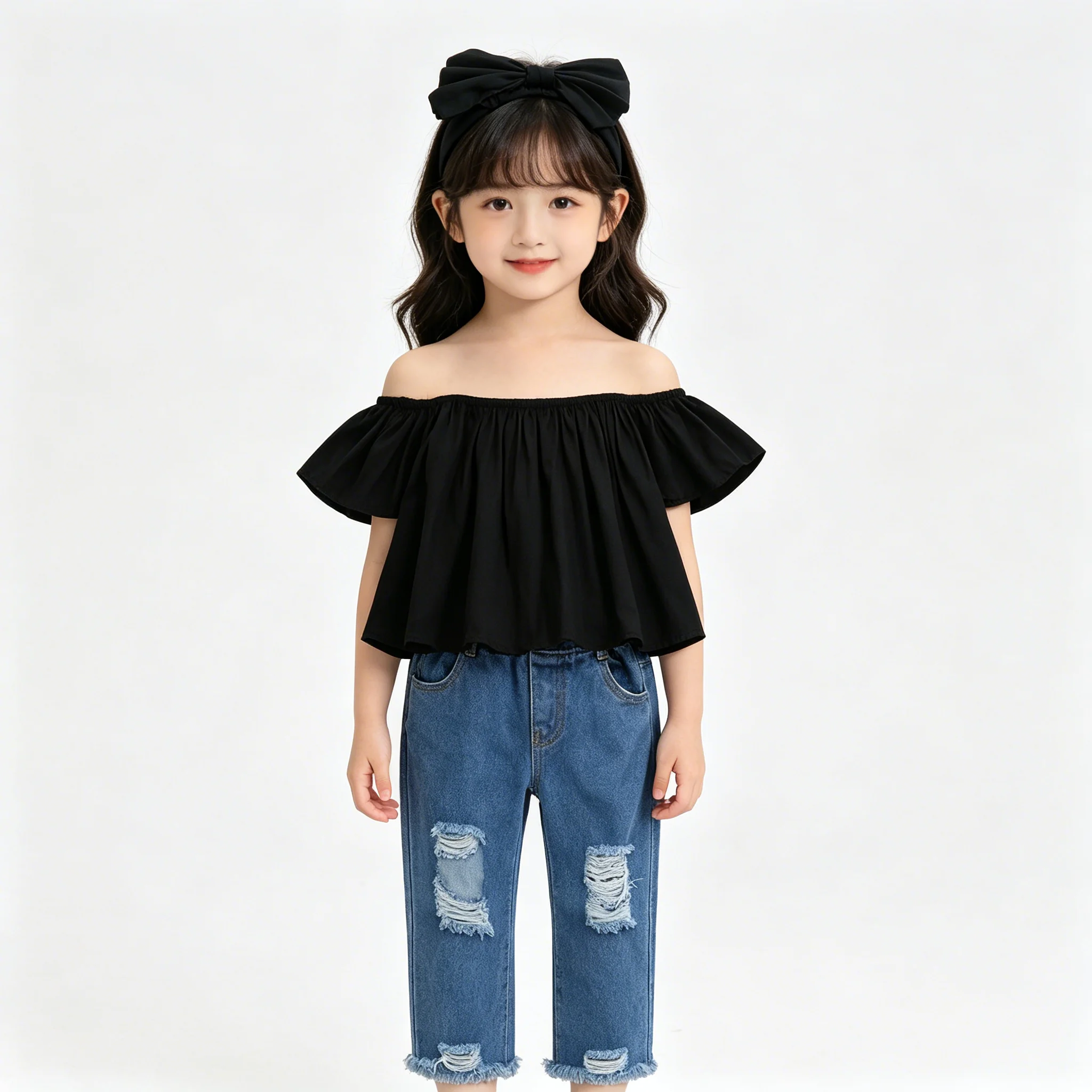 Summer Children Girls Off Shoulder Crop Tops Ripped Denim Pants 2pcs Kids Girls Set