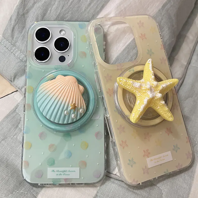 

Magnetic Double-layer 3D Starfish Shell Holder Transparent Phone Case for iPhone 16 Promax 15 Pro 14 13