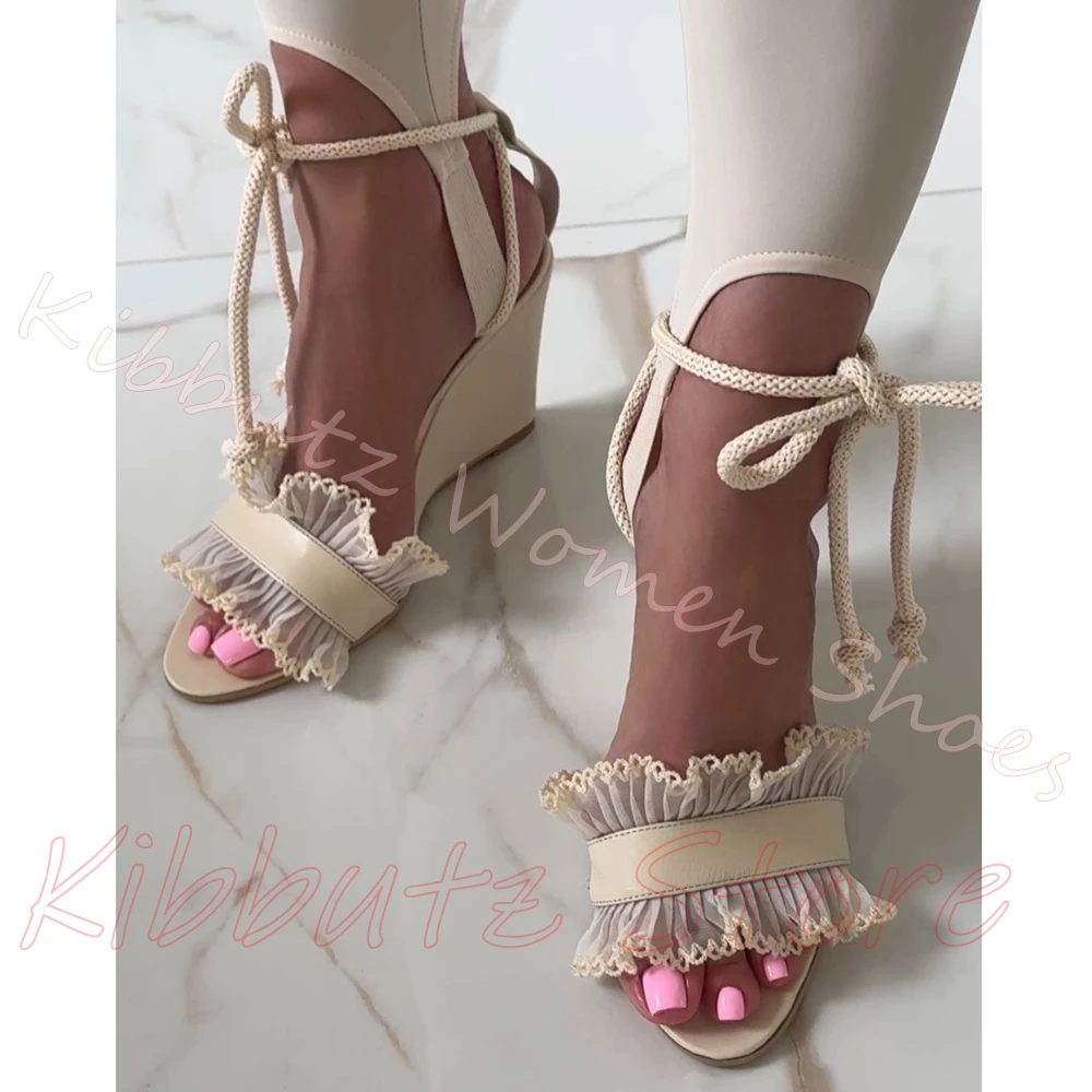 Wedge Heel Lace Ruffle Sandals Open Toe Knotted Ankle Strap Bohemian Holiday Beach Vacation Summer Fashion Footwear Leather