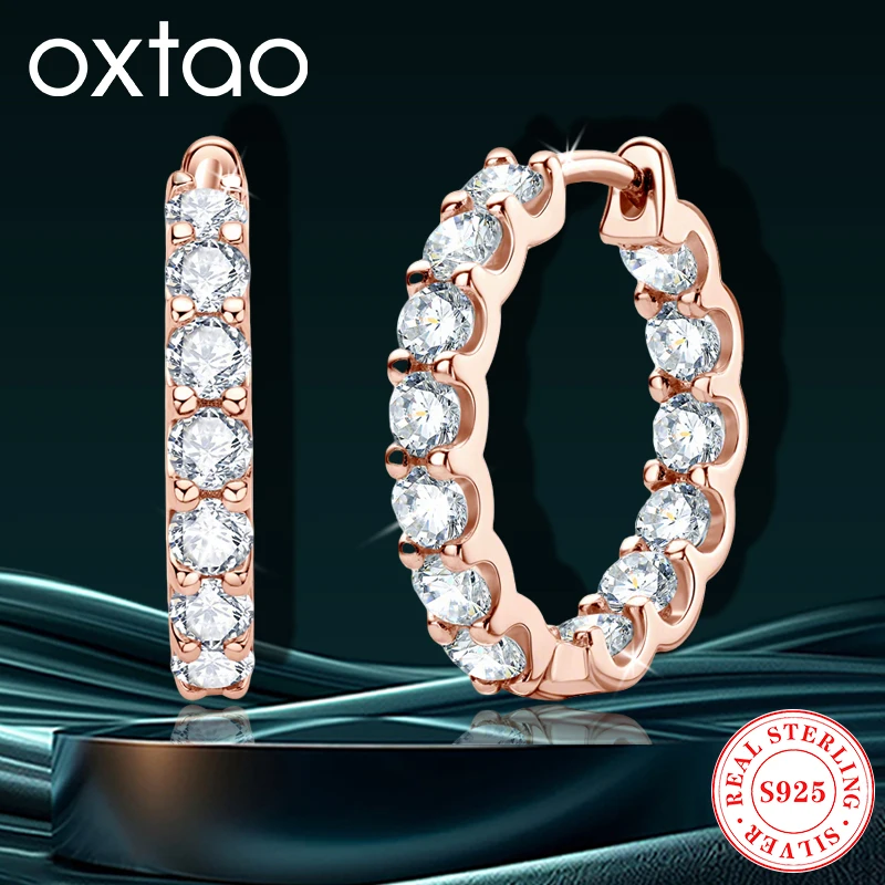 

OXTAO Hoops Earrings Rose Gold Real 3mm Moissanite Huggie Earrings Men and Women Jewelry 925 Sterling Silver 14K Yellow Plated