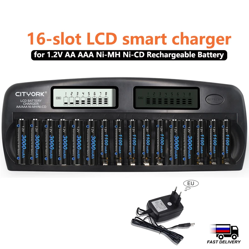 1.2V AA AAA NI-MH Rechargeable Battery+16 Slots LCD Display Smart Fast Charger for 1.2V 2A 3A Ni-MH Ni-CD Rechargeable Batteries