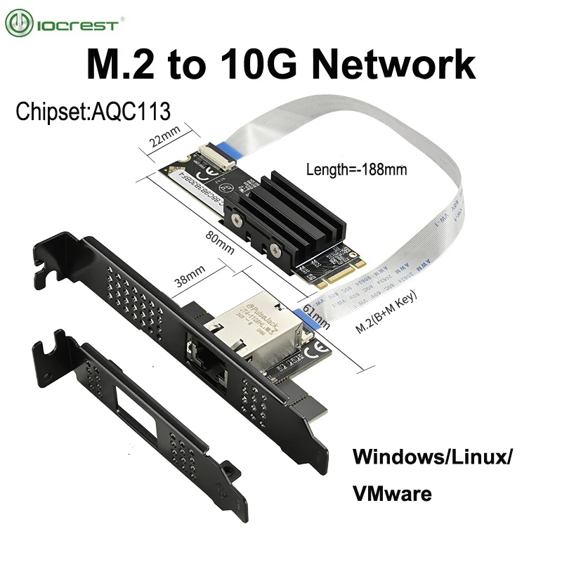 IOCREST M.2 B + M tarjeta de red de un solo puerto 10GbE, adaptador de red Ethernet RJ45, AQC113, tarjeta de red de servidor de grado de Control Industrial