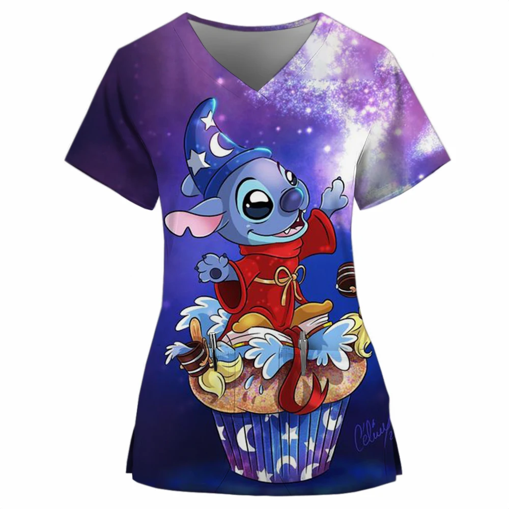 Disney Stitch print Nursing Scrubs Christmas Uniforms V-neck Short Sleeved Fashionable Nursing Uniform Tops Beauty Spa T-shirt