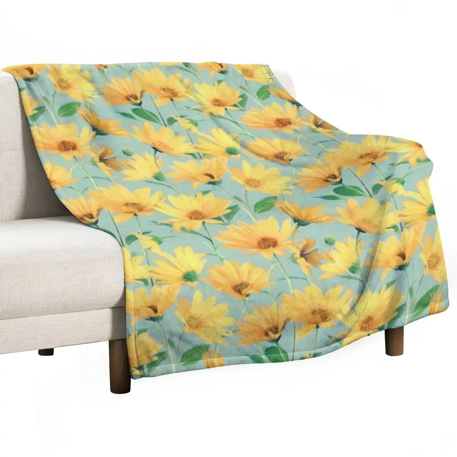 Painted Golden Yellow Daisies on soft sage green Throw Blanket bed plaid Comforter Vintage Summer Beddings Blankets