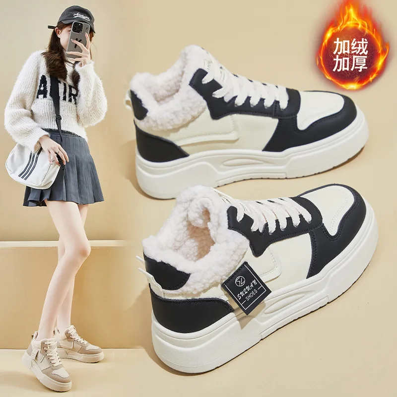

2025 зимние плюшевые белые туфли, новое корейское издание, студенческие спортивные туфли на толстой подошве, увеличивающие рост, повседневные туфли