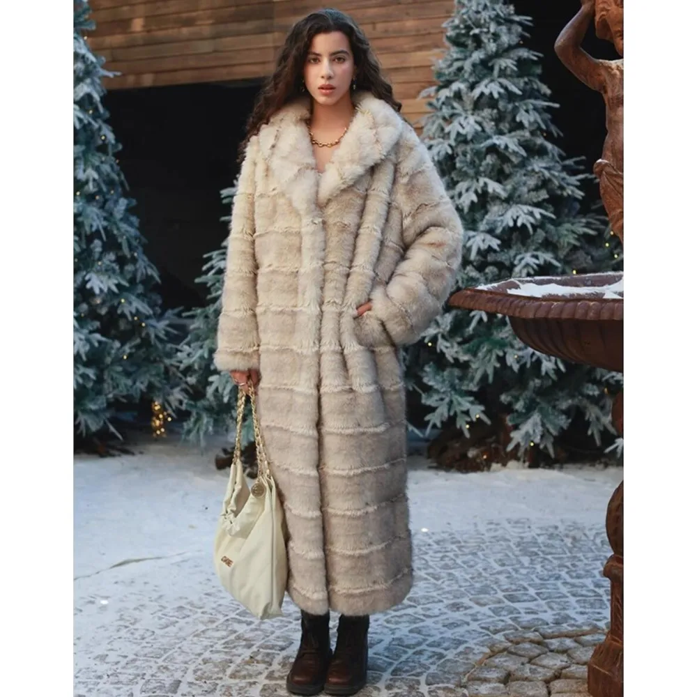 ฤดูหนาว Apricot สีเทาเคล็ดลับลายนูน Strip รูปแบบ Soft Mink Faux Fur Coat ผู้หญิงแขนยาวหลวม Maxi ยาว Outerwear