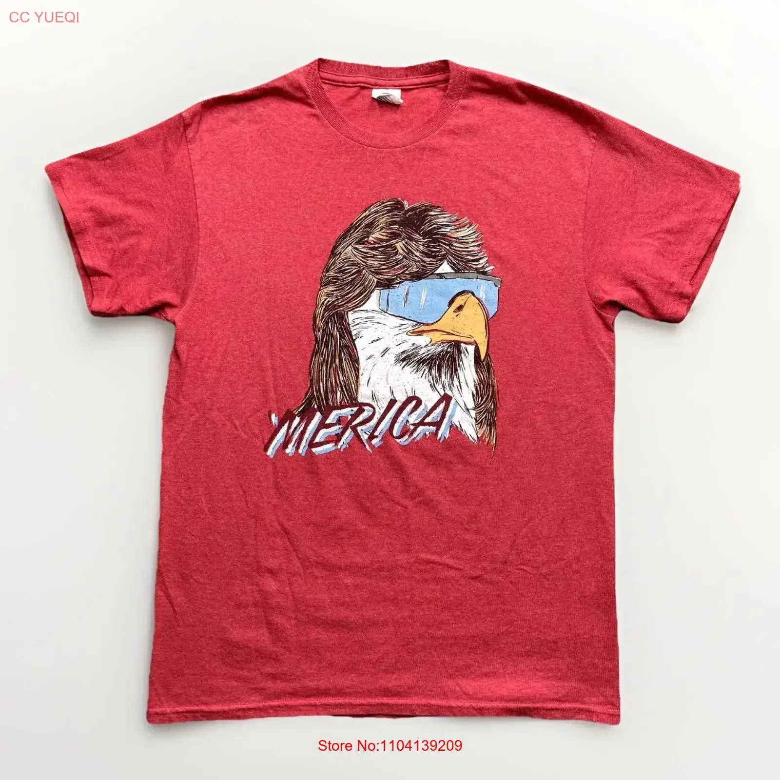 Camiseta de hombre talla M con estampado de águila calva roja, con peinado mullet y gafas de sol, estilo vintage de EE. UU., lavada, versátil, suave y ligeramente elástica.