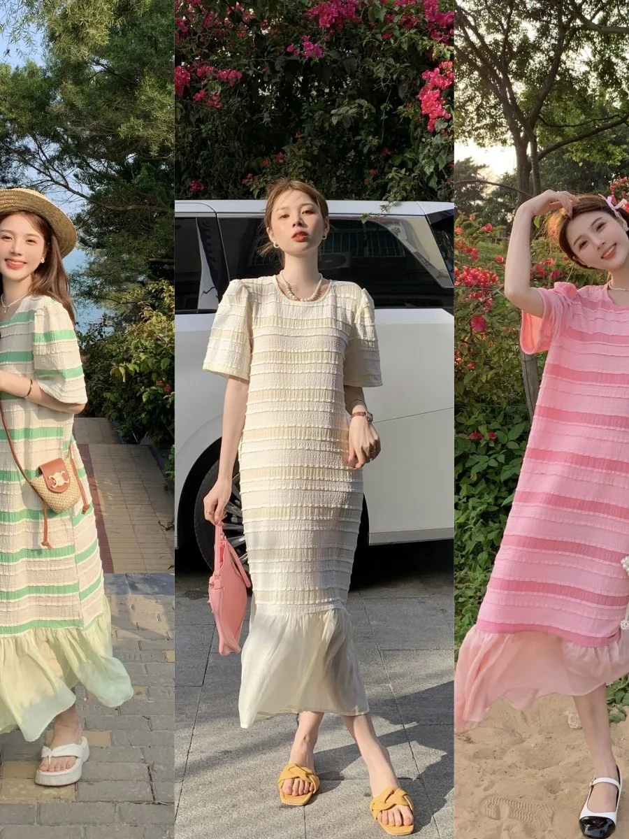 

Летнее платье больших размеров в корейском стиле с эффектом похудения, в полоску, с короткими рукавами-фонариками, пэчворк, с вырезом «рыбий хвост», оригинальное, милое, с круглым вырезом горловины, юбка-платье