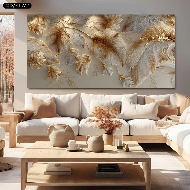 

2D Flat, Canvas Print Featuring Golden Feathers, for Living Rooms, Bedrooms Home Decor. Artistic Design Serves Stylish Mural