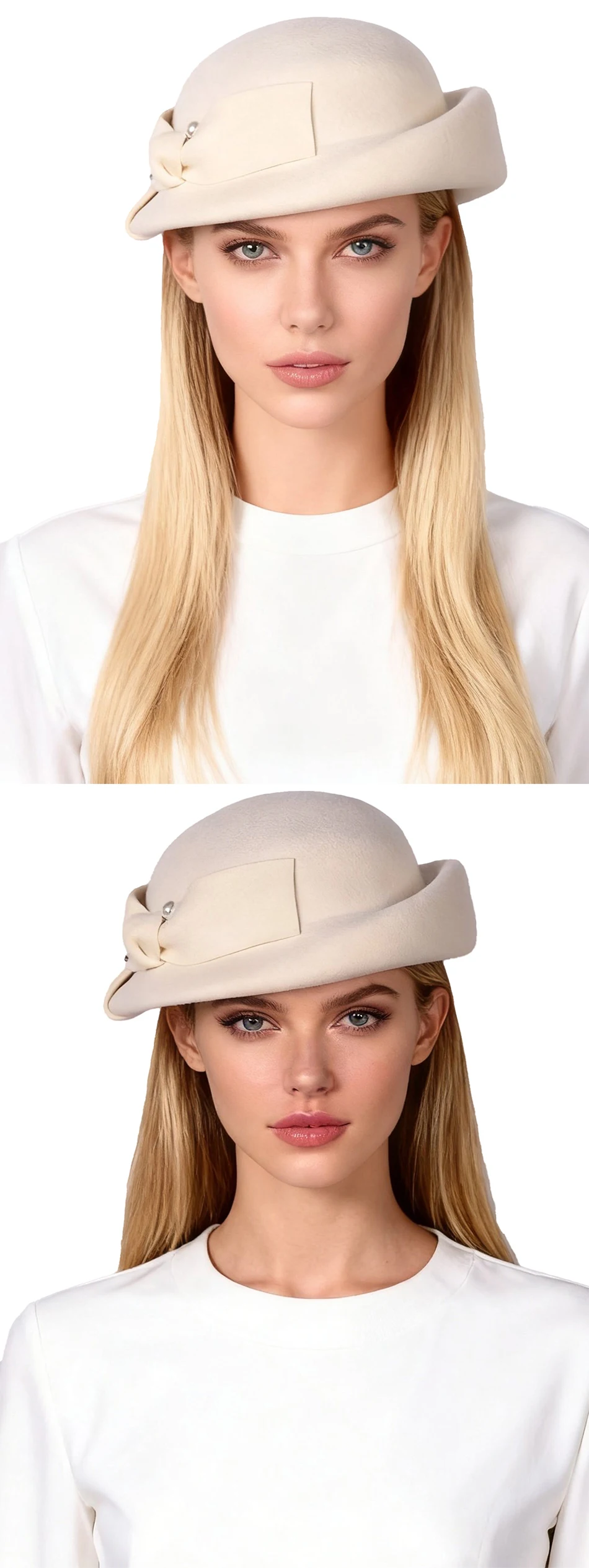 FS Luxuriöser Wollhut für Damen, eleganter blauer Teeparty-Fascinator mit Schleife, Winter-Vintage-Fedora, Chapeau Femme – Detail 2