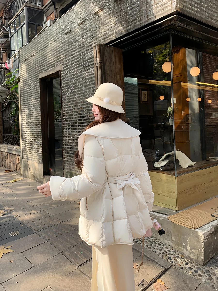 

Annie Large Flap Collar Du down Coat Women's plus Size Woolen Patchwork Belted Sli Outerwear Warmth Long Sve Coat