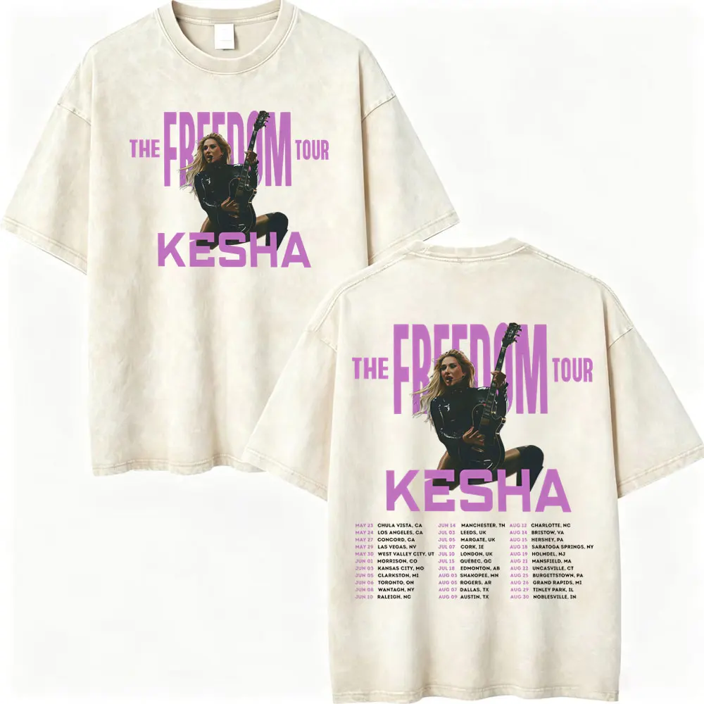 Vintage Washed Singer Kesha The Freedom Tour 2026 Graphic T Shirts High Quality Fashion T-shirt Men Women Casual Cotton T-shirts