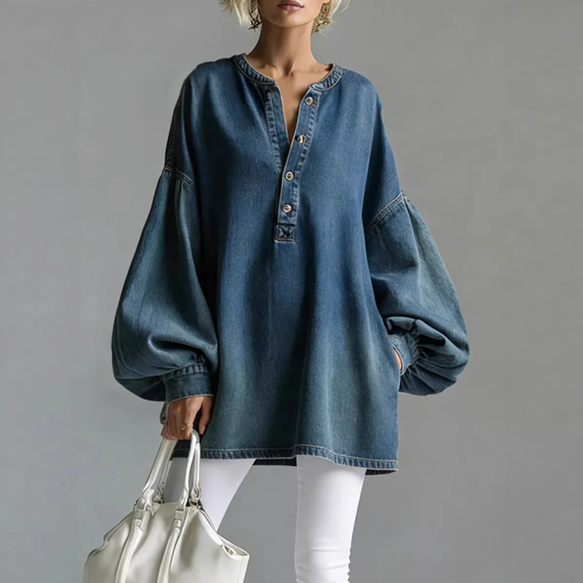 

Ретро-топ из денима с длинными рукавами-фонариками, на пуговицах, с круглым вырезом, винтажная шикарная рубашка для вечеринок, элегантные женские топы для весны и осени.