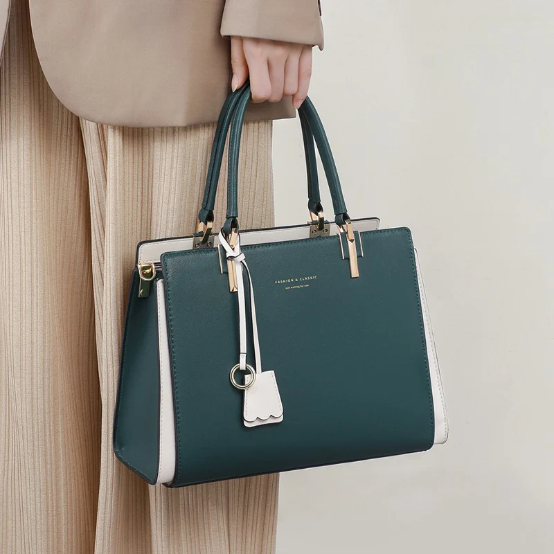 

Women Glam Dark Green Genuine Leather Tote Bag Lady Fashion Large Capacity Crossbody Bag Female Daily Commute Business Handbag