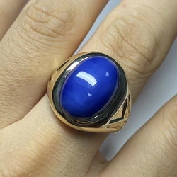 10K Yellow Gold Ring 13x18mm Blue Star Sapphire Gemstone Man Rings
