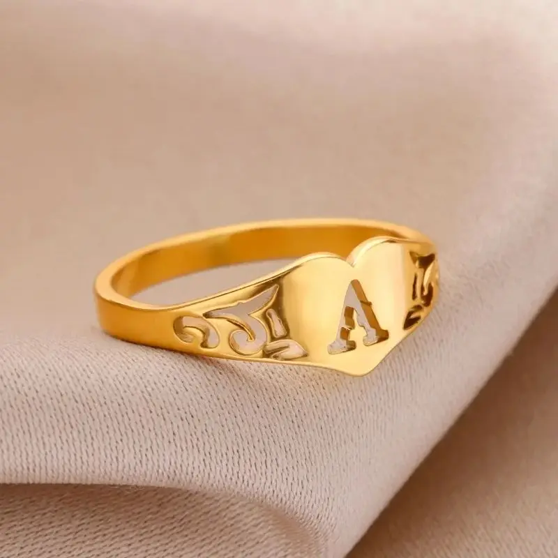 

Tiny Hollow Heart Initial Letter Rings For Women Stainless Steel Gold Color Aesthetic Finger Ring Fashion Wedding Jewelry Gift