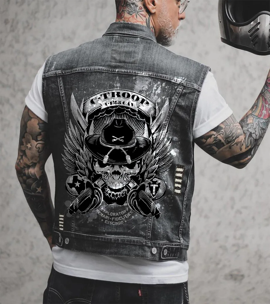 Mens Skull Print moto Biker Denim gilet Vintage Cowboy gilet Punk Rock Hole Casual senza maniche Jean Jacket Coat Helmet