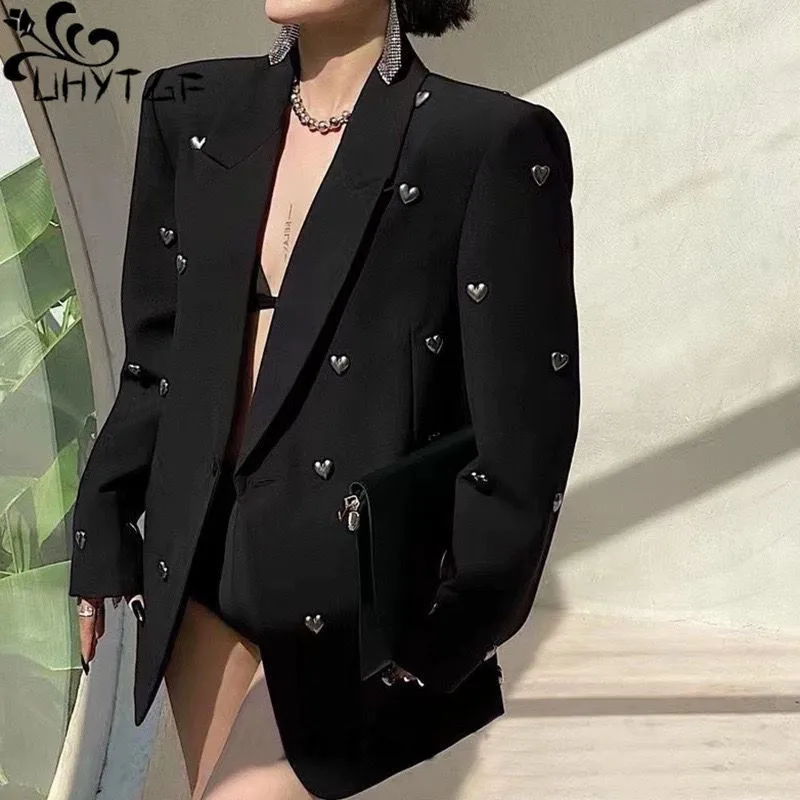 

Весна-Осень 2024, Женский блейзер, черный тяжелый промышленный костюм с инкрустированными бриллиантами, женский пиджак, высококачественный дизайн, уличная мода