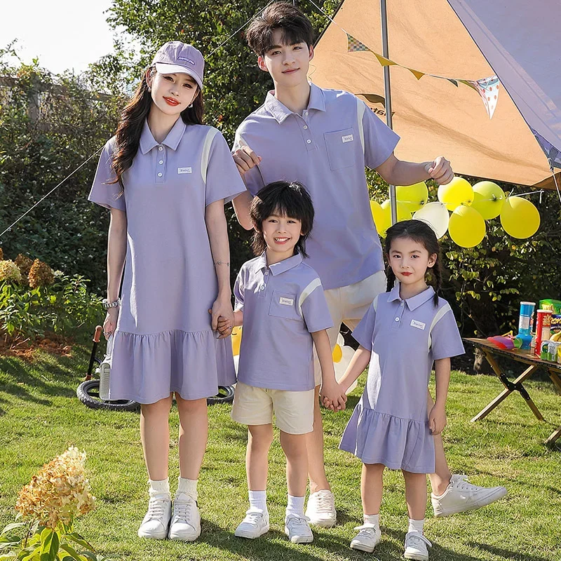 

2024 Summer Matching Family Clothes Parent-child Outfits Korean Daughter and Mom Dresses Dad and Son Tops Shorts Two Piece Sets