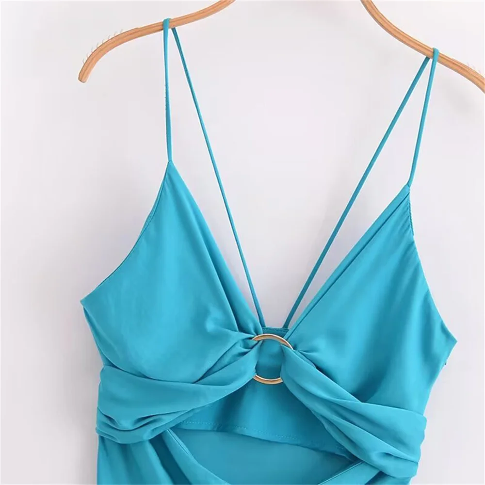 فستان نسائي صيفي جديد بقصة ضيقة وحزام نحيف ورقبة على شكل حرف V بتصميم مفتوح من الساتان والحرير #4