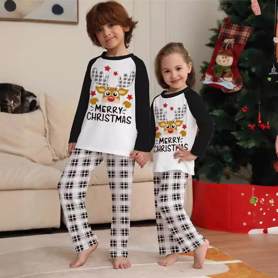 New plaid fawn print Christmas parent-child set European and American fashion deer head two-piece family pajamas