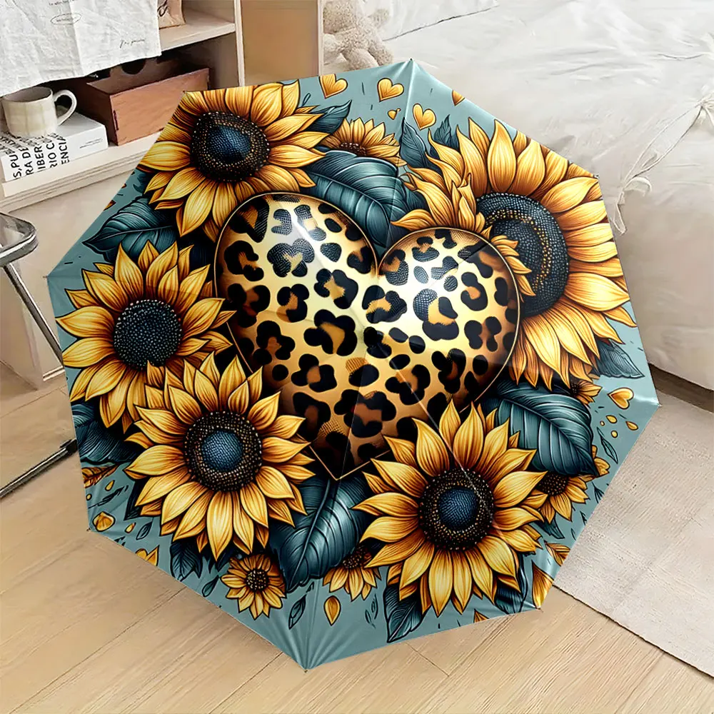 1PC Sunflower and Leopard Heart Design Umbrella Print 8 Iron Ribs Folding Umbrella Auto-Open Fashion Sunshade