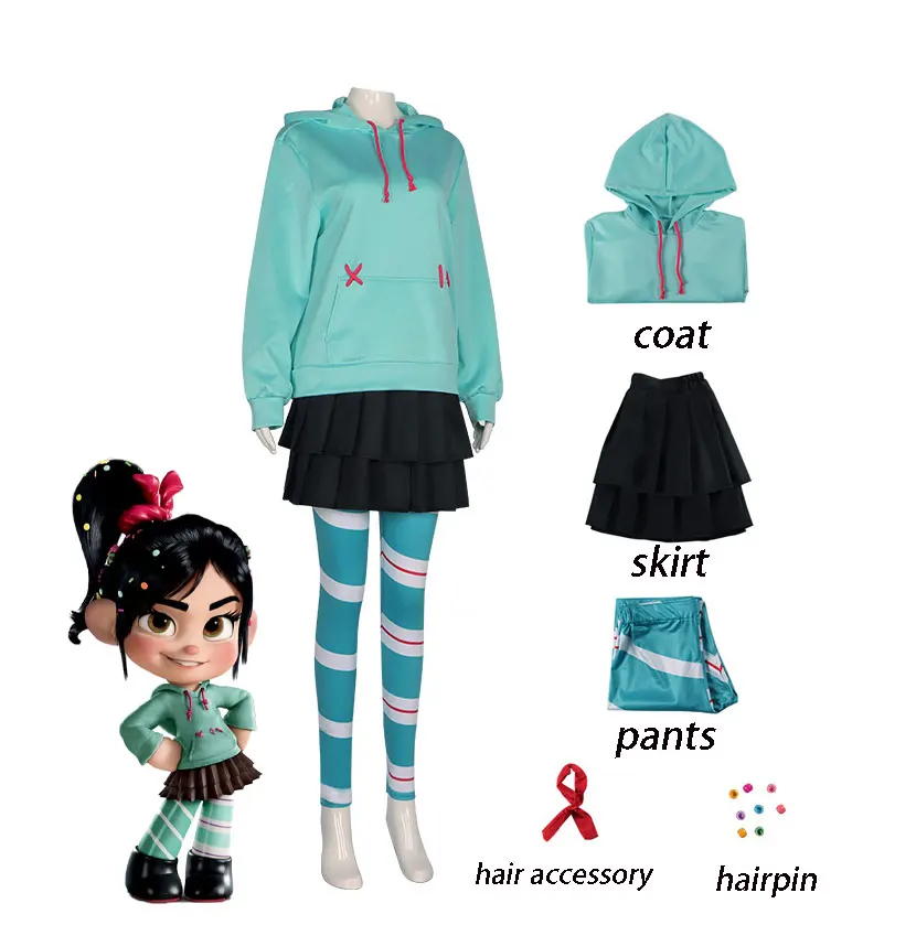 Vanellope Von Schweetz Cosplay Anime Costume Hoodies Skirt Wig Uniform Suit Halloween Performance Clothing for Woman