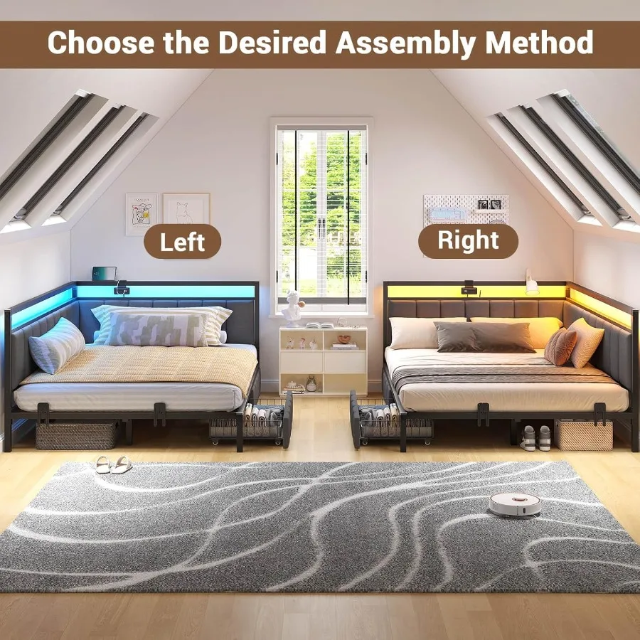 โครงเตียงมุมขนาดใหญ่ทันสมัย พร้อมลิ้นชักเก็บของในตัวและหัวเตียงหุ้มผ้าลายเส้น เหมาะสำหรับห้องนอนที่มีพื้นที่จำกัด