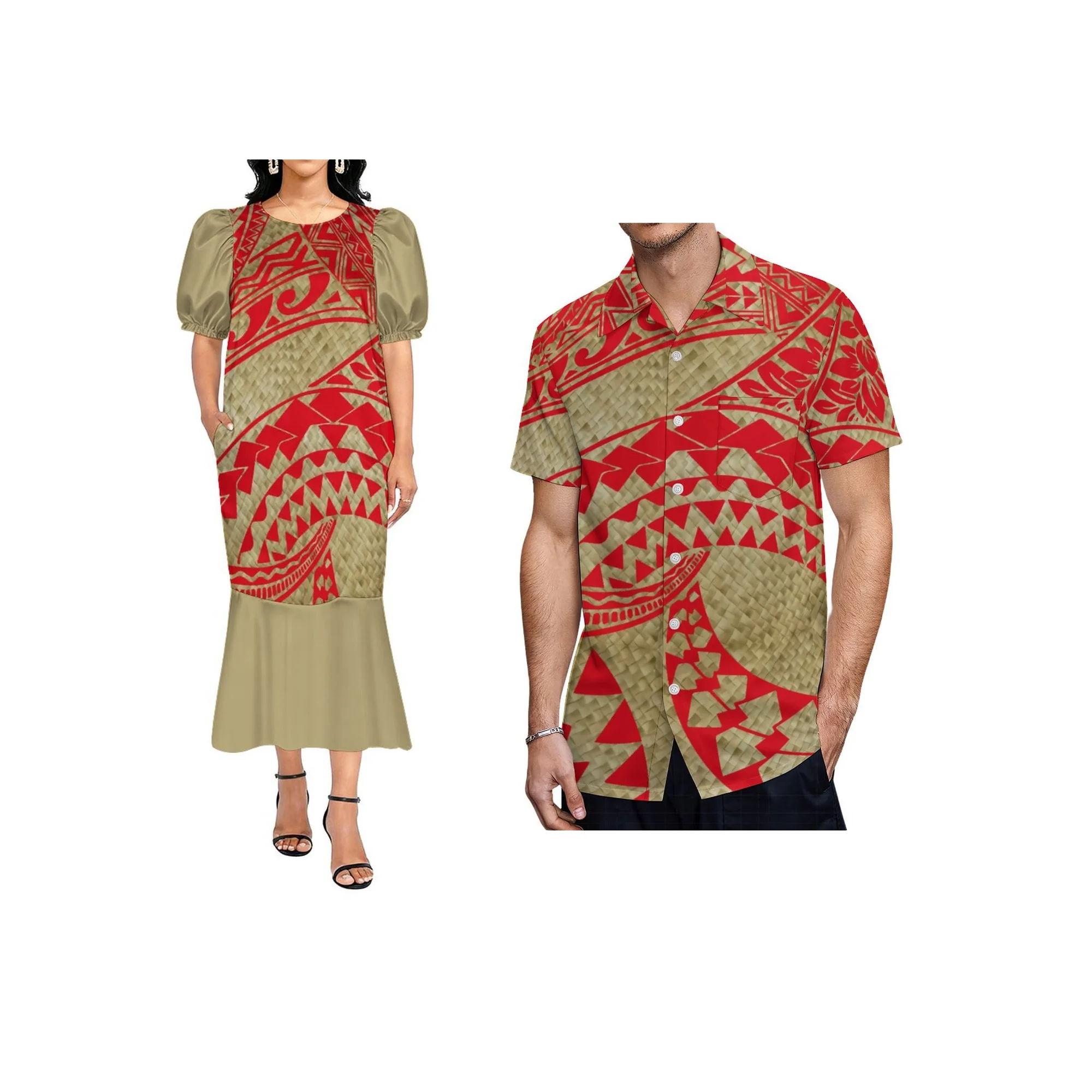 Vestido Mumu com Estampa Tribal Polinésia Samoana Personalizada, Estilo Micronésio, Decote Quadrado, Manga Bufante, Cauda de Peixe, Tecido Elástico, para Mulheres, 1MOQ.