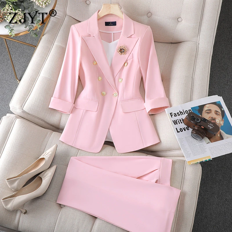 ZJYT Office Lady Summer Blazer Pants Suits 2 Piece Matching Set Women Conjunto Para Mujeres Work Wear Trousers Sets White Outfit