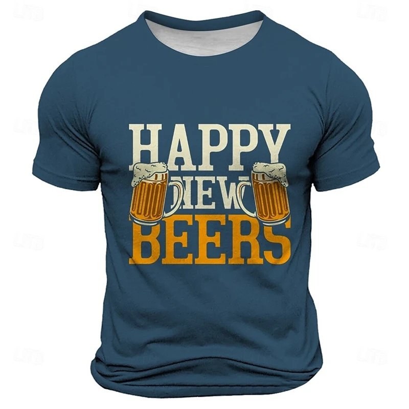2025 Happy New Year Printed T Shirt Street Party Casual Pullover Top Men Women Simple Fashion Short Sleeve Beer Pattern Tee Tops