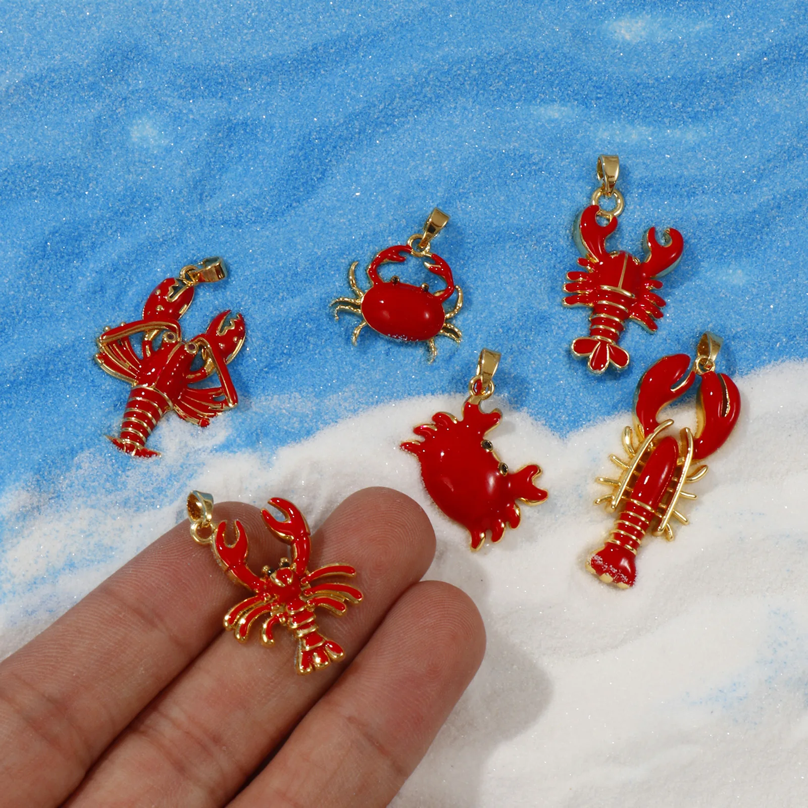 2-Piece 18K Gold Plated Red Enamel Crab Charm Pendants
