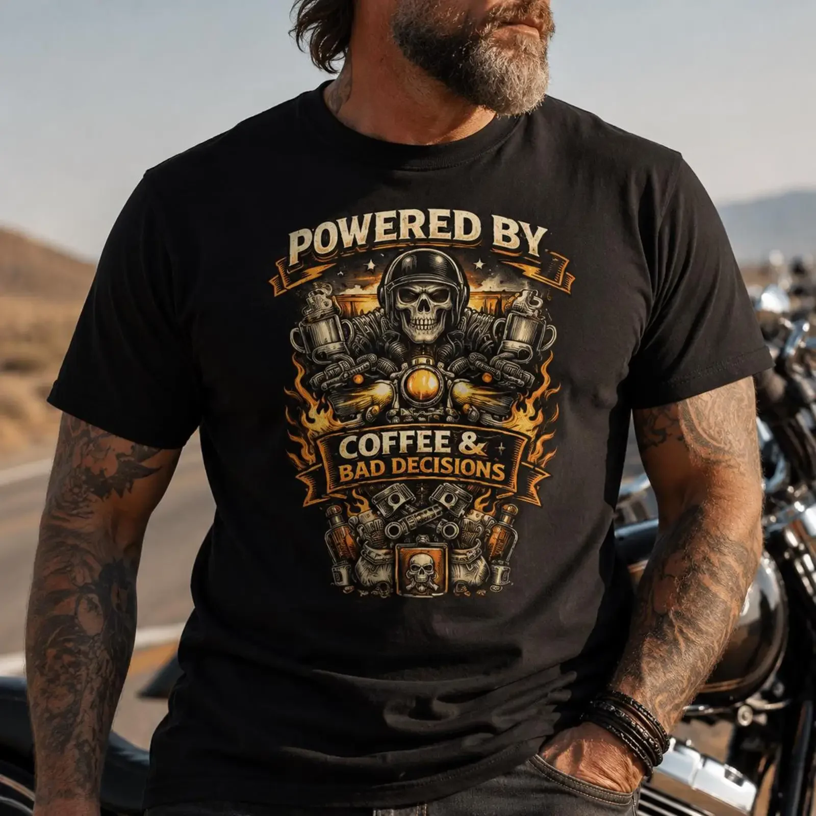 Funny Motorcycle Coffee T Shirt Powered By And Bad Decisions Vintage Biker for Riders vintage Washed Versatile Slightly Casual