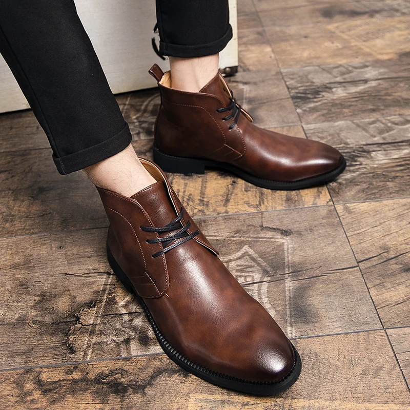 Men Ankle Boots Brown Black Blue Motorcycle Boots Lace Up Business Handmade Pu Leather Shoes for Men with