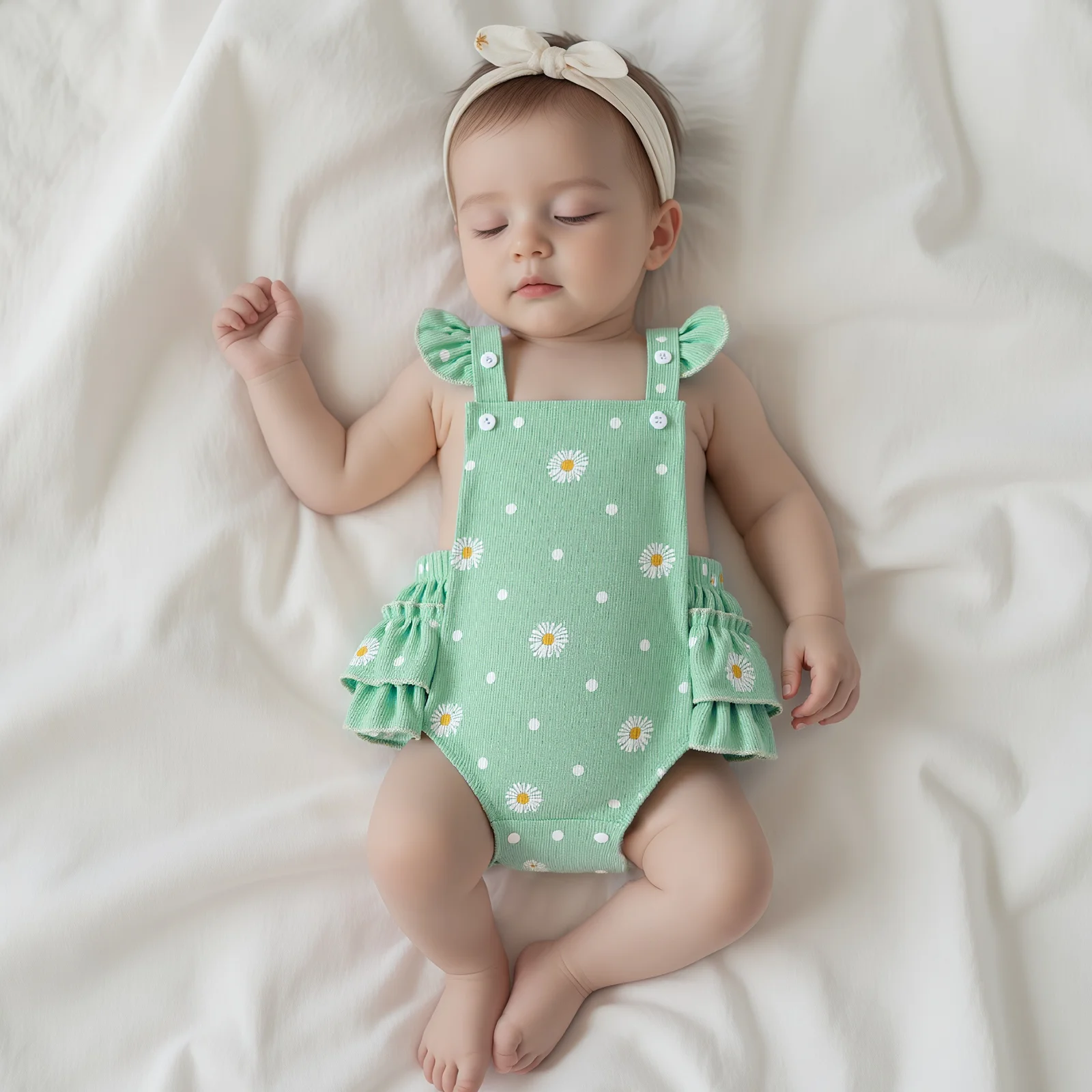 طفلة الخريف الملابس أزياء ديزي دوت طباعة أكمام ساحة طوق رومبير اللباس