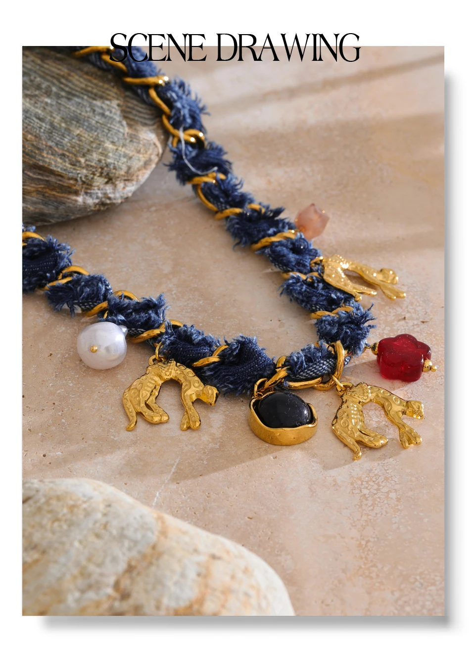 Yhpup Statement Blue Denim Kette Perle Acryl Blume Tropfen Charm Halskette Edelstahl Vintage Herbst & Winter Kragen Schmuck – Detail 8