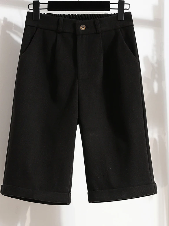 High Waist Woolen Pants Autumn Winter Thick Wide Leg Five Inches Short Pants Outwear Boot Pants Women's Casual Trousers