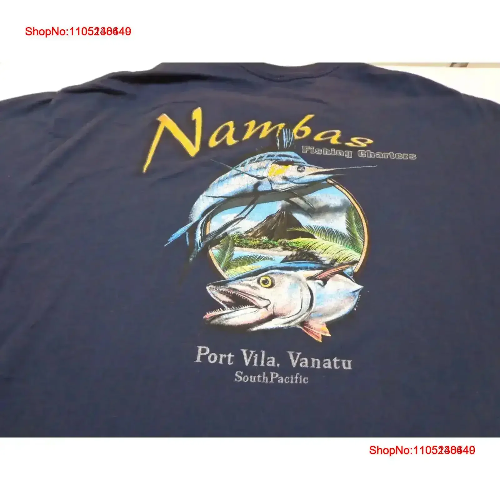 Red Tuna T Shirt Club Nambas Fishing Charters Port Vila Vanatu Blue Size 2X vintage Washed designer clothes Stretched Slightly