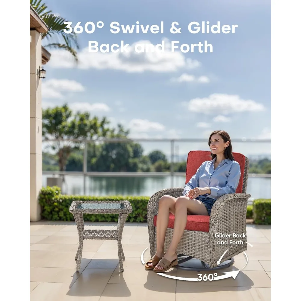 طقم كرسي هزاز دوار خارجي مكون من ثلاث قطع وطاولة فناء، بما في ذلك طاولة جانبية