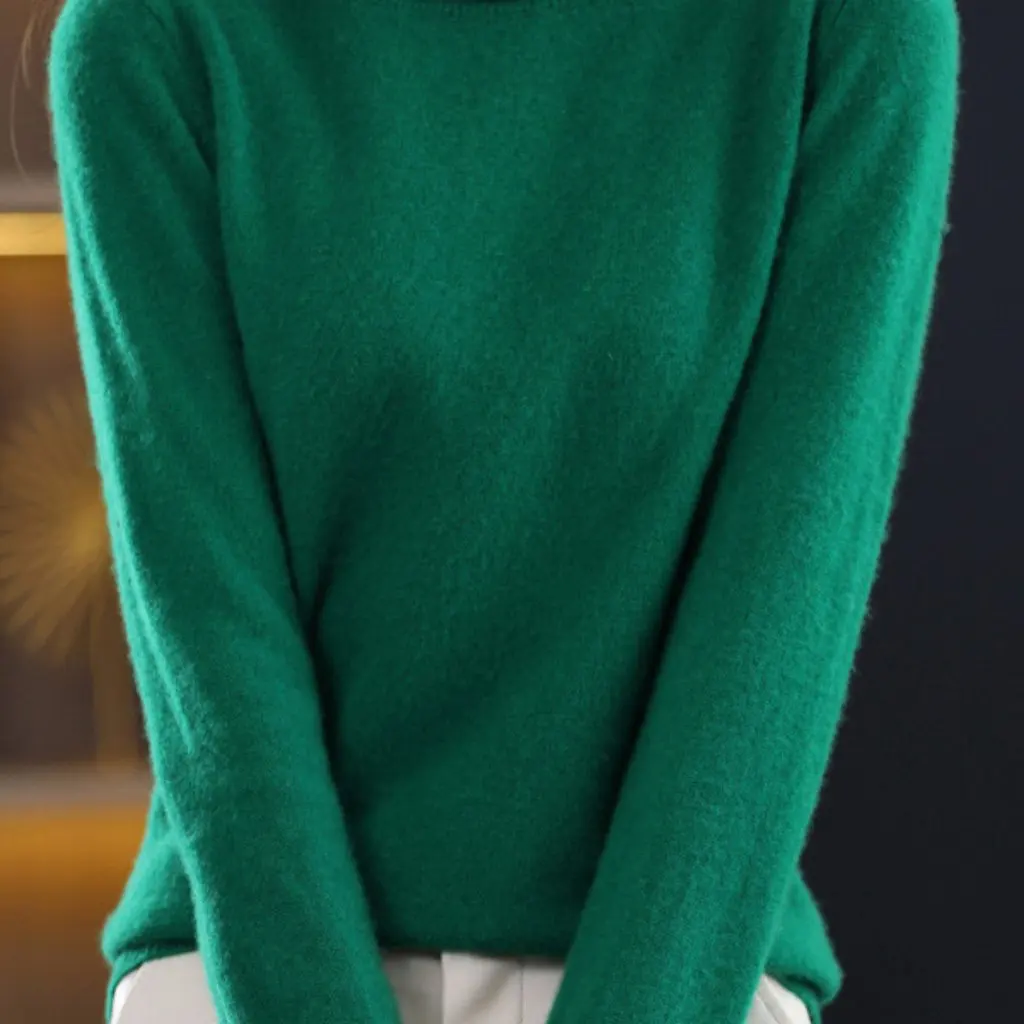 

Женский шерстяной свитер с высокими лацканами, однотонный свободный крой, теплый топ с длинными рукавами на осень-зиму, базовый слой