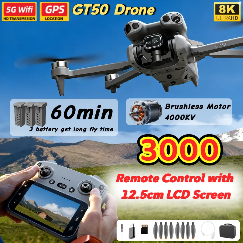 GT50 Drone 8K FPV 4.3''Screen RC Drone with Camera 183g No Registration Brushless Motor EIS Anti-Shake 2.4GHz RC Quadcopter UAV