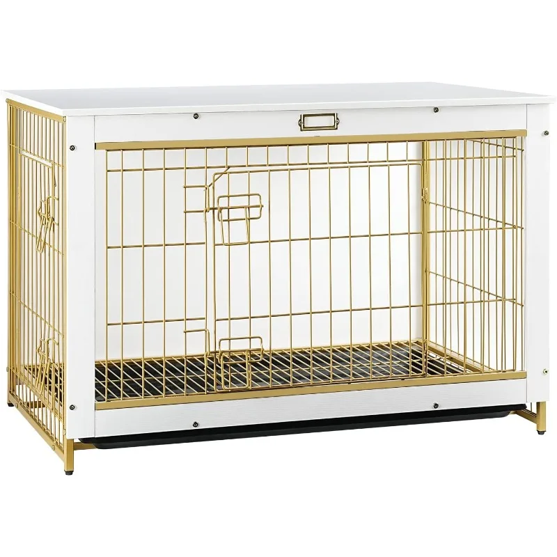 Dog Crate Furniture, ay, Double Doors Dog House, Modern Side End Table for Small/Medium/Large Dog, White DW982GW03