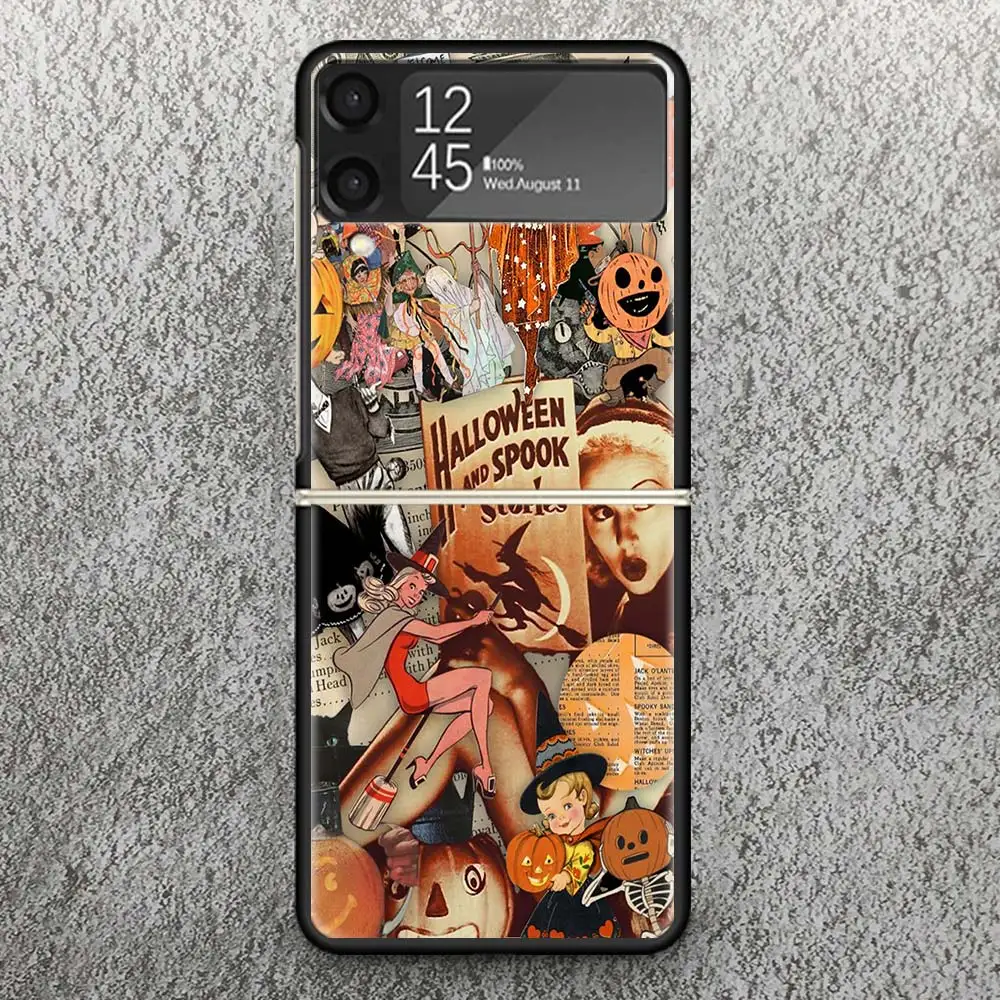 Halloween Fall Art Witch Cat Print Case For Samsung Galaxy Z Flip 3 4 5 5G Black Hard Cell Phone Shell ZFlip3 Flip4 Flip5 Patter