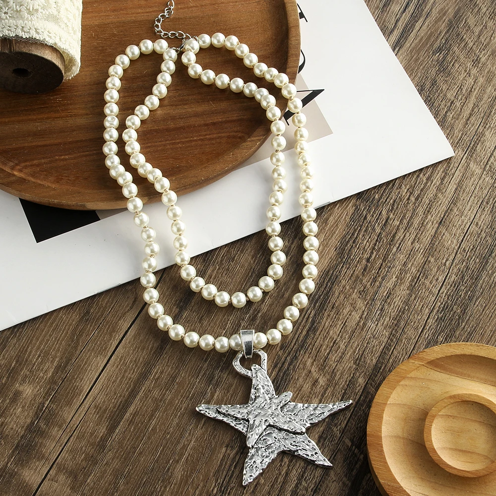 New Fashion Bohemian Women Jewelry 2 Layer Imitation Pearl Knotted Necklace Big Heart Star Alloy Pendant Necklace Women Gift