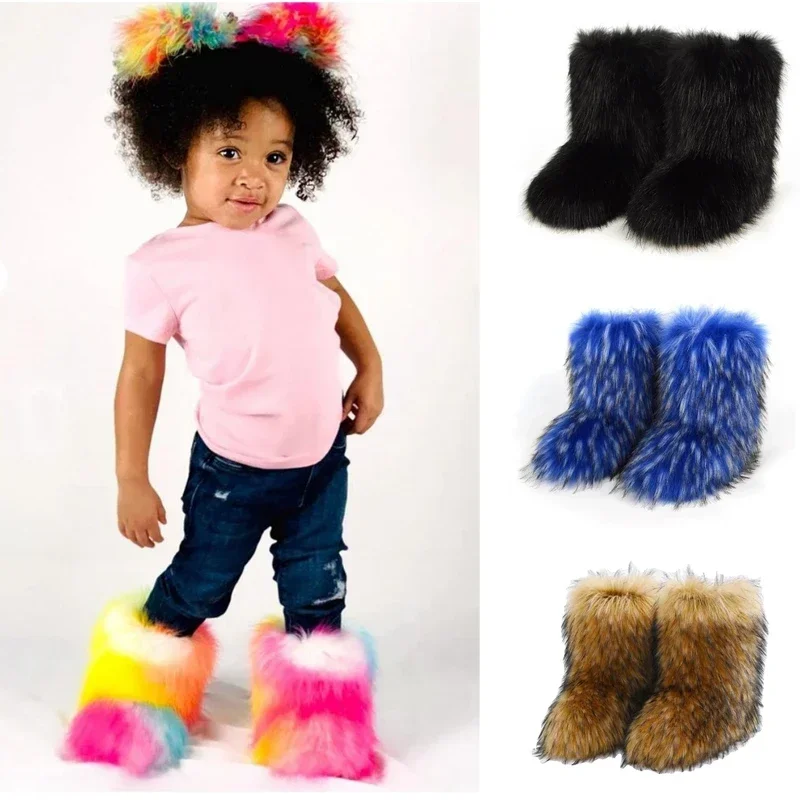 Y2K Winter New Kids Faux Fur Toddler Short Boots Fashion Colorful Fluffy Plush Children Ankle Snow Boots Warm Girls Cotton Shoes