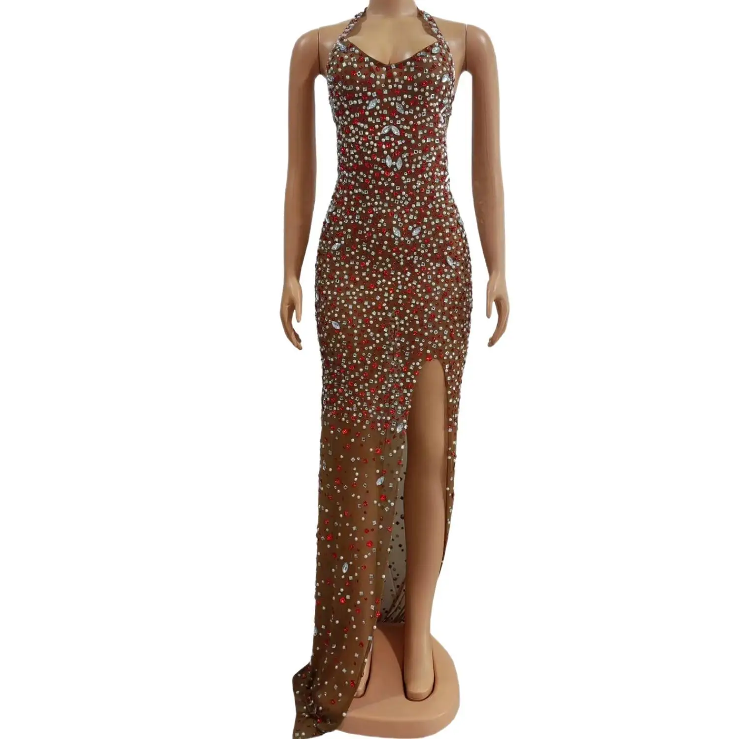 

Hongdian Luxury Nude Mesh Red Silver Rhinestone Halter Neck Maxi Dress with Slit for Women Formal Prom Gala Evening Party