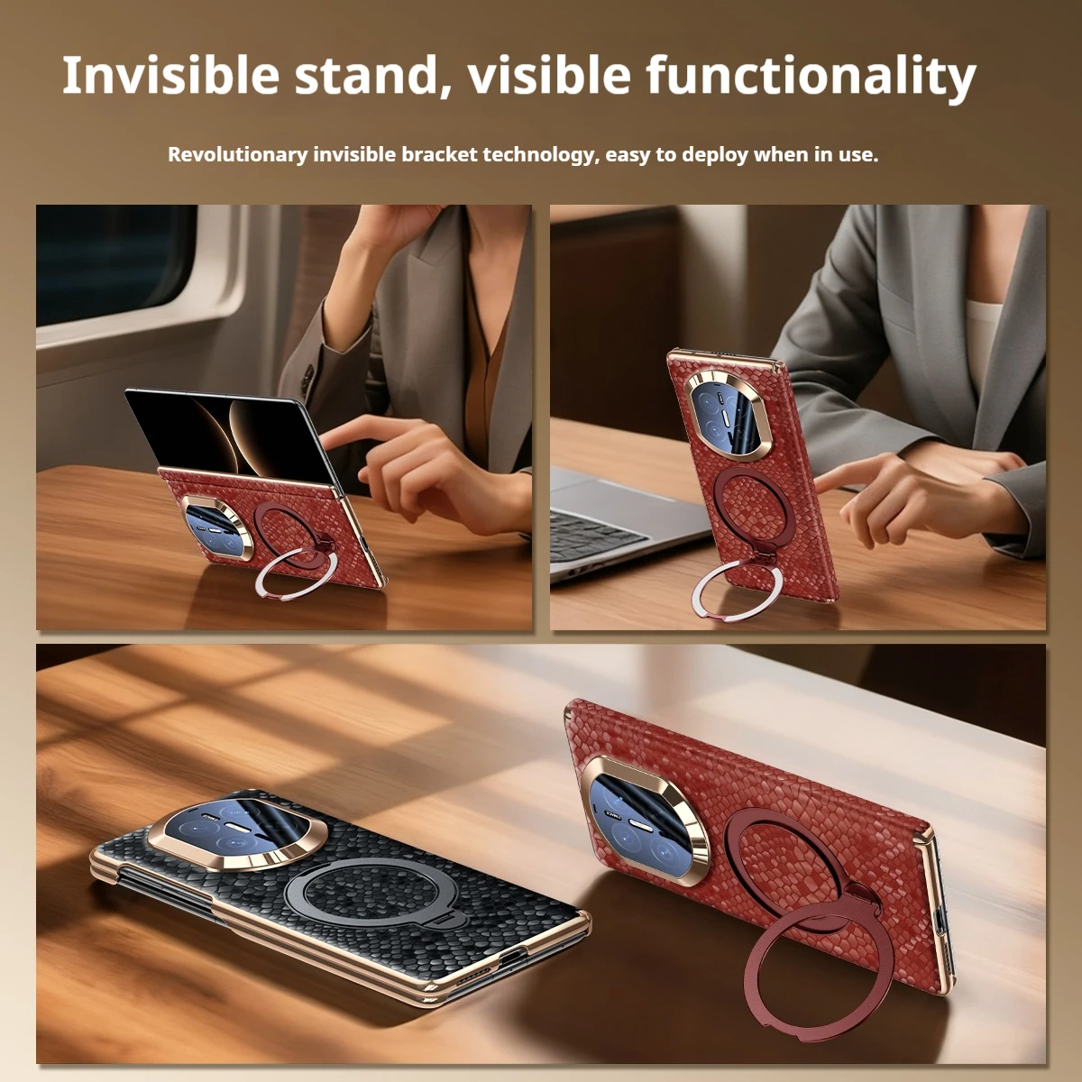 High End Dragon Scale Texture Genuine Leather Phone Case, For Huawei Mate X7 X6 X5 Lens Full Protection, Rotating Bracket Cover - view 6