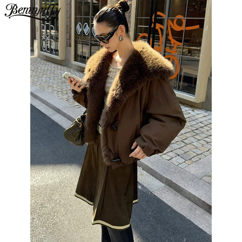 

Benuynffy Big Fur Collar Horn Button Thick Coat 2025 Autumn Winter Street Casual Warm Cotton-Padded Parkas Female Outwears