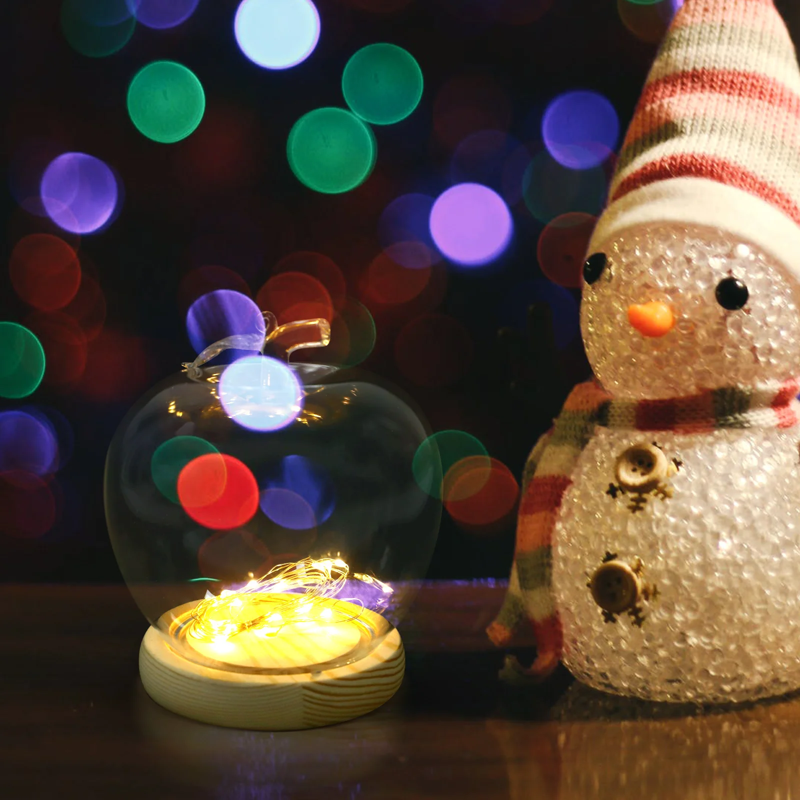 

Apples Glass Cover Creative Christmas Dome Luminous Lamp String Wood Base DIY Craft Display Cloche Decoration 2023
