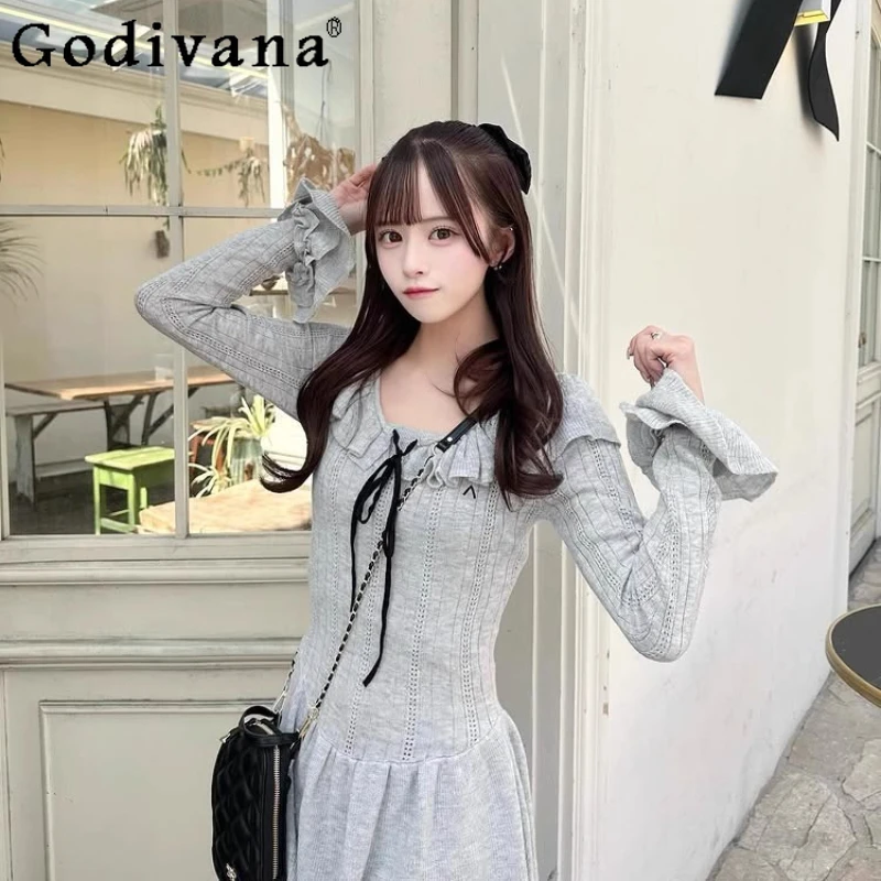 

Japanese Girls Sweet Ruffle Collar Knit Long Sleeve Hollow Jacquard Mini Dress 2025 New Autumn Women's Slim Fit Casual Dress